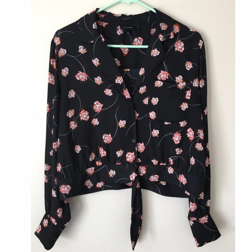 Target Black Button Down Blouse with Tie Front